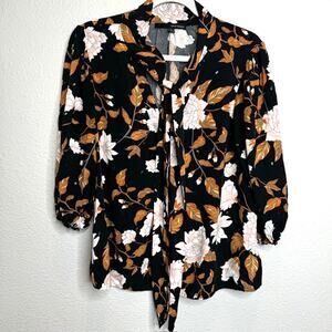Harve Benard Silky Black Floral Autumnal Blouse Sz Large